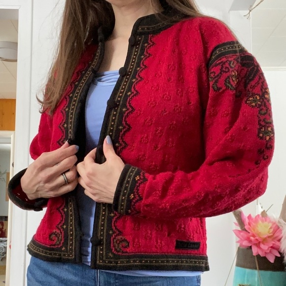 Dale of Norway Nordic Knit Pure Virgin Wool Cardigan Sweater Red Designs Casual - Picture 1 of 14